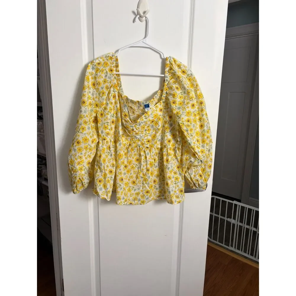 Old Navy Sunflower Peplum Smocked Square Neck Blouse Peasant Puff Long Sleeve XL